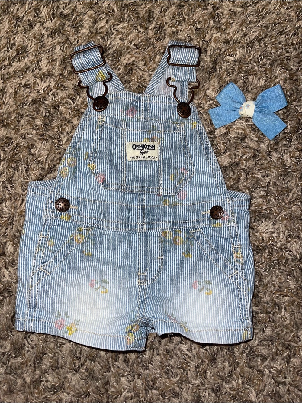 OshKosh B'gosh Light Blue Pinstripe Floral Shortalls